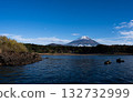 A spectacular view of Mount Fuji and Lake Motosu from the shores of Lake Motosu. A beautiful Japanese autumn landscape, with clear blue skies and autumn leaves. 132732999
