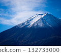 A close-up of the summit of Mount Fuji seen from Fujikawaguchiko Town. A beautiful autumn scene with bright autumn leaves and clear air. 132733000