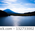 Spectacular view of Lake Shoji and Mt. Fuji. Beautiful scenery of autumn leaves shining against the clear autumn sky and the calm lake surface. 132733002