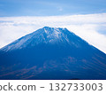 A close-up of the summit of Mount Fuji seen from Lake Shojiko. A majestic view shining on a clear autumn day and the beauty of nature. 132733003