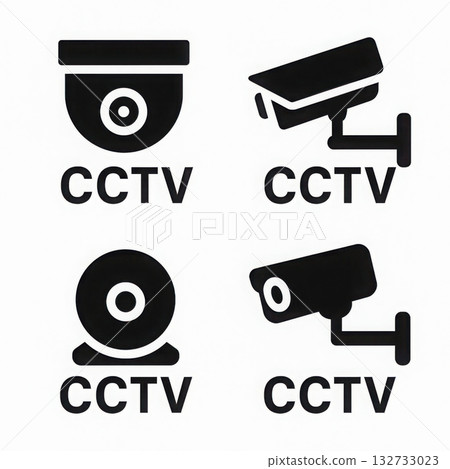 Four black and white CCTV camera icons, each with different design, are displayed on white background. icons represent various styles of surveillance cameras, emphasizing security and monitoring 132733023