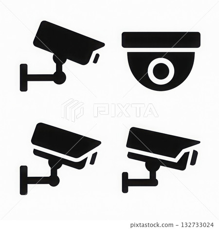 Four black security camera icons in different styles, including dome and bullet shapes, on white background 132733024