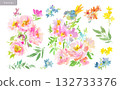 Vector illustration set of abstract pink flowers and birds painted in watercolor 132733376