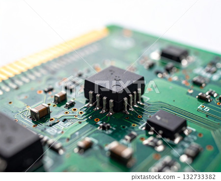 Close-up of electronic circuit boards and microchips arranged on a white background. Precision electronic components such as semiconductors and CPUs 132733382