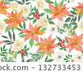 Christmas seamless pattern with hand drawn pastel poinsettias, white roses, anemones and holly. 132733453