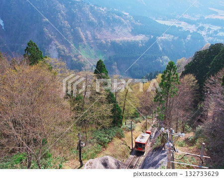 立山黑部阿爾卑斯山脈路線的春天:在翠綠環繞中,從美丈平站的觀景台上可以欣賞到立山纜車的壯麗景色。 立山黑部阿爾卑斯山脈路線的春天:在翠綠環繞中,從美丈平站的觀景台上可以欣賞到立山纜車的壯麗景色。 132733629