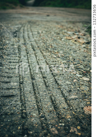 Tire tracks on a muddy rural road after rain 132733656