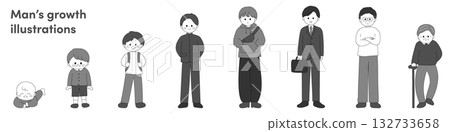 黑白插圖，描繪了一個人從嬰兒到老年的各個生命階段。 132733658