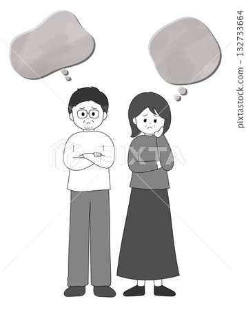 Illustration of a pair of troubled middle-aged couples in their 40s and 50s, black and white Illustration of a pair of troubled middle-aged couples in their 40s and 50s, black and white 132733664
