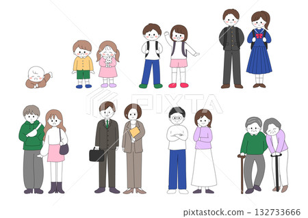 From infants to elderly people, life stages, male and female pair illustration set From infants to elderly people, life stages, male and female pair illustration set 132733666