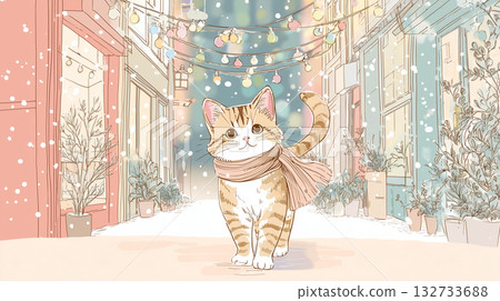 Cat enjoying Christmas illuminations Cat enjoying Christmas illuminations 132733688