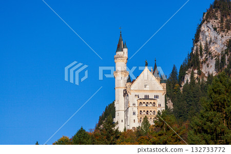 The magnificent view of Neuschwanstein Castle in the autumn morning light 132733772