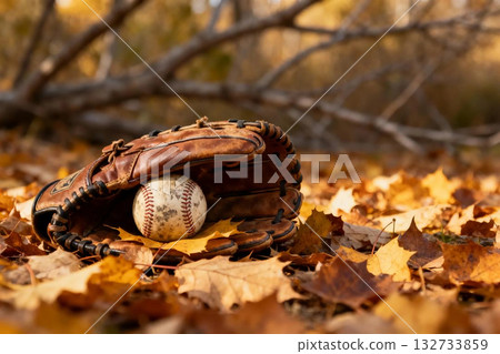 Image of autumn and baseball equipment 132733859