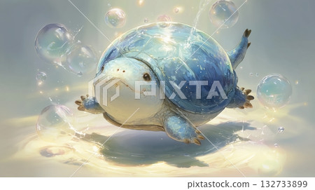 一幅奇幻插畫，描繪了一隻可愛的藍海龜在泡泡中暢遊的場景。 132733899