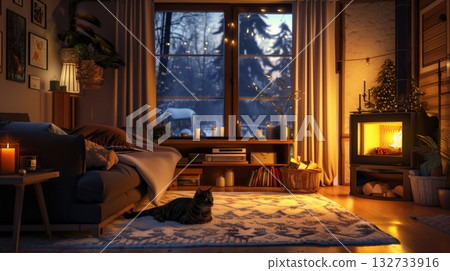 A cat relaxing in the living room with a fireplace and winter warmth A cat relaxing in the living room with a fireplace and winter warmth 132733916