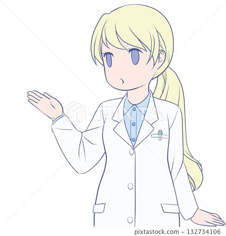 一位可愛的女藥劑師正在手把手地向你展示。年輕女性講解的剪貼畫。 132734106