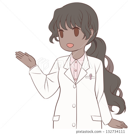 一位微笑的女藥劑師伸出手，給予指示。年輕女性講解的剪貼畫。 132734111