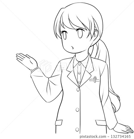 A cute female pharmacist showing and guiding with her hand. A monochrome line drawing of a young woman explaining A cute female pharmacist showing and guiding with her hand. A monochrome line drawing of a young woman explaining 132734165