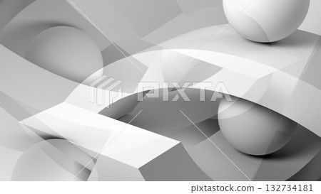An abstract white monochrome composition featuring curved strips and spheres. 3d 132734181