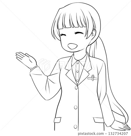 一位面帶微笑的女藥劑師用手指著並引導顧客。一幅年輕女子正在講解的單色線條畫。 132734207