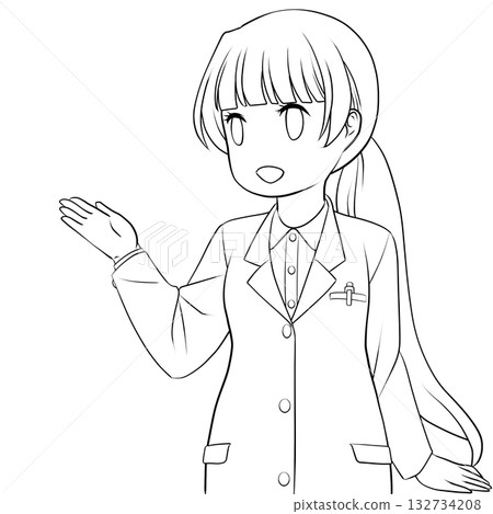 一位面帶微笑的女藥劑師用手指著並引導顧客。一幅年輕女子正在講解的單色線條畫。 132734208