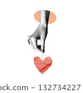 A hand holds a red heart on a string. A modern vector collage with a halftone hand and abstract elements. A love and romance concept for Valentine s Day card and poster designs. 132734227