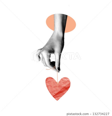 A hand holds a red heart on a string. A modern vector collage with a halftone hand and abstract elements. A love and romance concept for Valentine s Day card and poster designs. A hand holds a red heart on a string. A modern vector collage with a halftone hand and abstract elements. A love and romance concept for Valentine s Day card and poster designs. 132734227