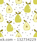 Seamless fruit pattern in flat cartoon style. Whole and sliced pears with seeds and leaves on a white background. Healthy eating concept. Design for textiles, wallpaper, print, and packaging. 132734229