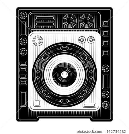 Black and white vector illustration of professional audio speaker CDJ media player unit detailed vintage woodcut engraving style for music events DJ equipment audio gear 132734282