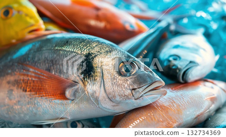 Seafood variety resting on crushed ice, showcasing diverse fish species from local market, highlighting marine freshness and culinary richness Seafood variety resting on crushed ice, showcasing diverse fish species from local market, highlighting marine freshness and culinary richness 132734369