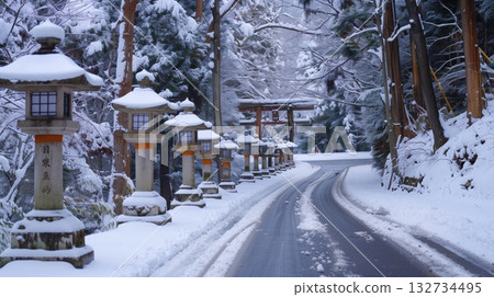 一條被白雪覆蓋的小路通往一座靜謐的神社,神社兩側掛滿了燈籠。 一條被白雪覆蓋的小路通往一座靜謐的神社,神社兩側掛滿了燈籠。 132734495