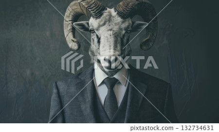 Businessman with ram head adjusting formal attire, embodying surreal symbolism of power and leadership against textured studio backdrop Businessman with ram head adjusting formal attire, embodying surreal symbolism of power and leadership against textured studio backdrop 132734631