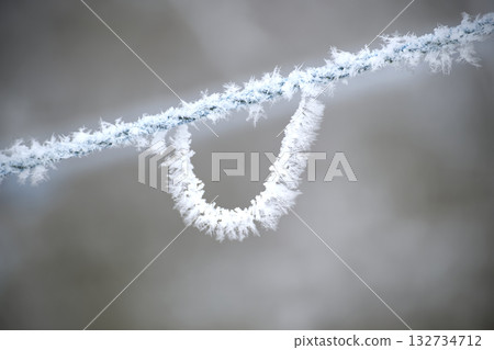 Frosty Rope Loop Covered Ice Crystals Hanging Against Soft Blurred Winter Background in Cold Morning 132734712