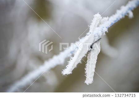 Frosty Clothesline Rope With Hoarfrost Clinging In A Winter Morning 132734715