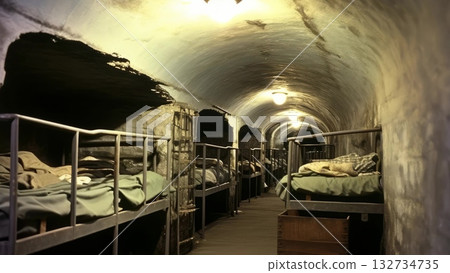 Metal bunk beds filling narrow underground shelter, lined with worn blankets showing wartime survival and human endurance in cramped protective space 132734735
