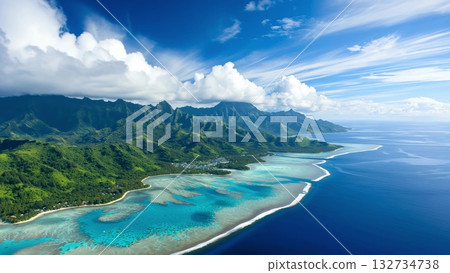 Aerial view of Moorea island showing amazing turquoise lagoon, reef barrier, green tropical mountains and Pacific ocean under a beautiful cloudy sky Aerial view of Moorea island showing amazing turquoise lagoon, reef barrier, green tropical mountains and Pacific ocean under a beautiful cloudy sky 132734738