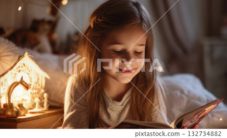 Cheerful girl reading book while resting near glowing nativity scene, basking in warm Christmas lights during festive evening at home Cheerful girl reading book while resting near glowing nativity scene, basking in warm Christmas lights during festive evening at home 132734882