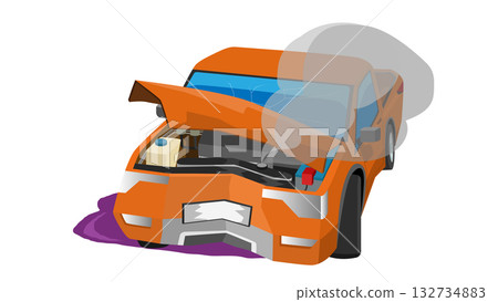 Car accident caused severe damage. Orange pickup was dented and the front bumper was broken. Front hood was bent and opened. Engine was damaged with smoke and oil was leaking. Car accident caused severe damage. Orange pickup was dented and the front bumper was broken. Front hood was bent and opened. Engine was damaged with smoke and oil was leaking. 132734883