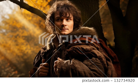 Confident forest ranger traversing autumn woodland at sunset, warmly clothed in fur, carrying gear, golden sunlight streaming through dense trees, capturing wilderness mood 132734920