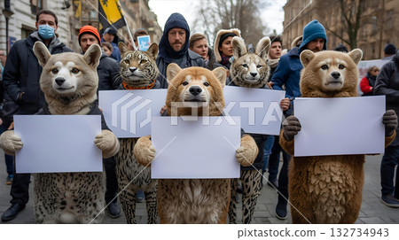 People and animals marching with blank placards 132734943