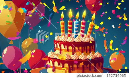 Chocolate birthday cake with burning candles, multicolored balloons, confetti falling around dark blue backdrop, marking celebratory party scene 132734965