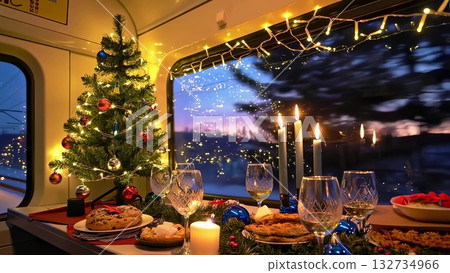 Decorated train compartment with glowing candles, festive Christmas tree, wine glasses, seasonal treats beside winter sunset window view 132734966
