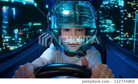 Focused young gamer wearing high tech VR helmet controlling advanced vehicle simulator with glowing digital interface and immersive display Focused young gamer wearing high tech VR helmet controlling advanced vehicle simulator with glowing digital interface and immersive display 132734968