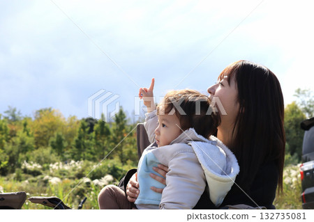 母子倆抬頭望向天空 132735081