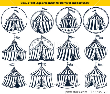 Twelve Black and White Striped Circus Tent Illustrations for Carnival or Fair Logo Designs 132735170