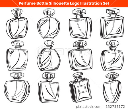 Twelve Perfume Bottle Silhouette Illustrations Elegant Fragrance Bottles with Unique Shapes and Caps 132735172