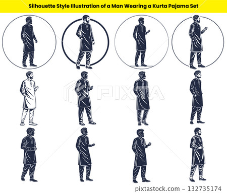 Kurta Pajama Set Silhouettes Diverse Poses of Men in Traditional Indian Outfits 132735174