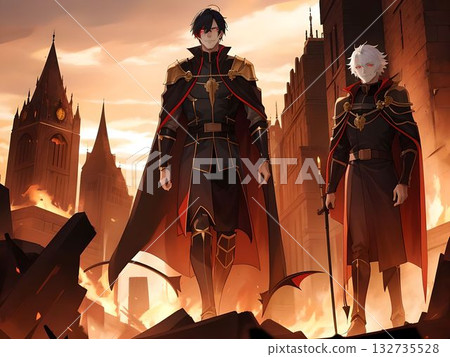 兩名警官站在燃燒的城市中 132735528