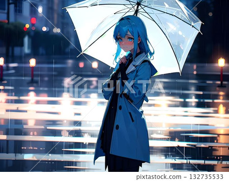 一個藍頭髮的女孩在被雨水浸透的小鎮裡撐著傘。 132735533