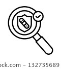 Security patch icon, showing a magnifying glass highlighting the problem, and a bandaid on the shield to indicate the fix is complete. 132735689